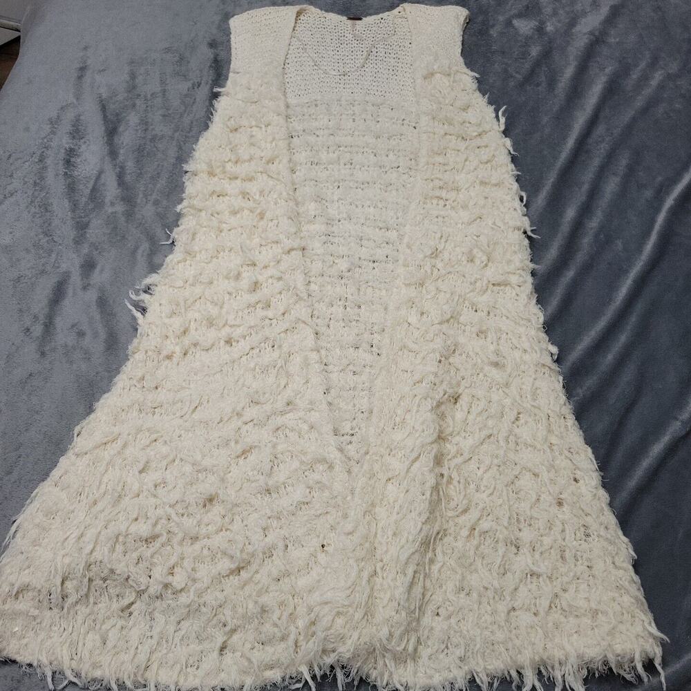 Free People Womens Small Open Front Kimono‎ Cream Knee Length Fringes Sleeveless